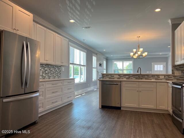 kitchen featuring ornamental molding, a sink, a peninsula, appliances with stainless steel finishes, and dark wood-style flooring