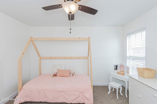 bedroom featuring carpet flooring, ceiling fan, and baseboards