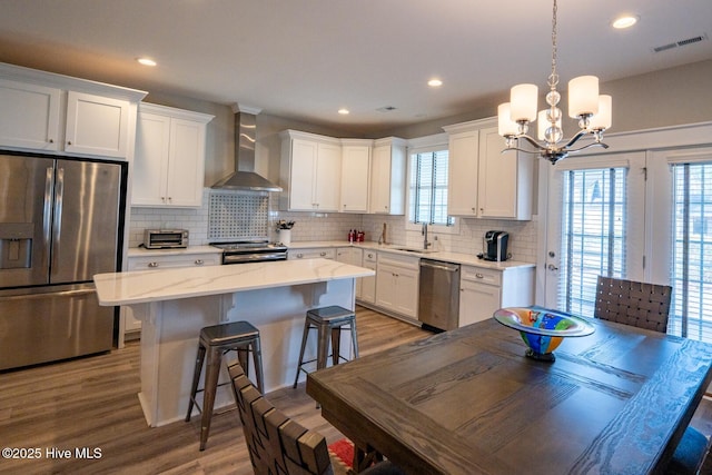 kitchen featuring visible vents, a kitchen island, appliances with stainless steel finishes, wall chimney range hood, and a sink