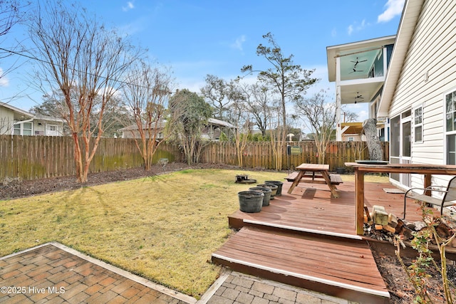view of yard with a fenced backyard and a deck