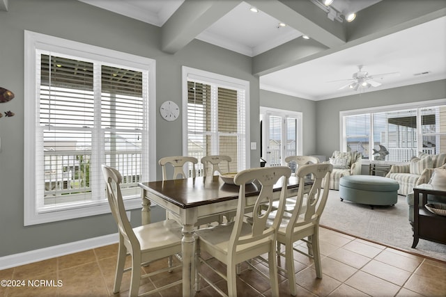 dining area with crown molding, visible vents, ceiling fan, baseboards, and tile patterned floors