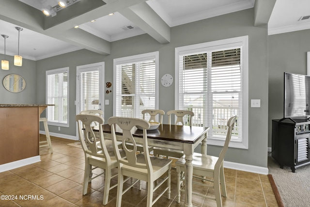 dining space with ornamental molding, tile patterned flooring, visible vents, and baseboards