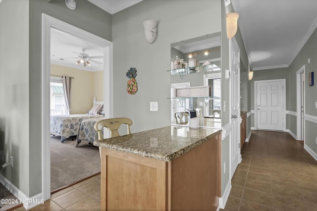 kitchen featuring light stone counters, ornamental molding, carpet flooring, tile patterned flooring, and baseboards