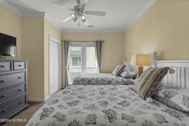 carpeted bedroom featuring baseboards, visible vents, ceiling fan, access to outside, and crown molding