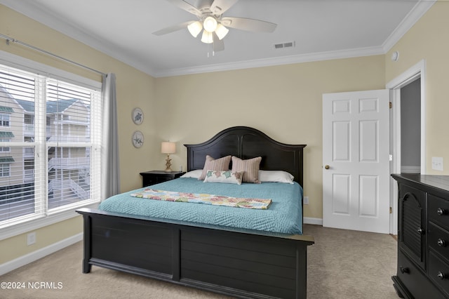 bedroom featuring light carpet, visible vents, ornamental molding, and baseboards