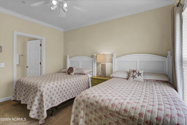 bedroom featuring ornamental molding, carpet, baseboards, and a ceiling fan