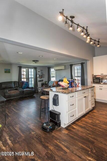 kitchen with open floor plan, dark wood-style flooring, dark stone countertops, and a breakfast bar area