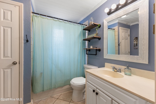 full bathroom featuring tile patterned flooring, toilet, vanity, and ornamental molding