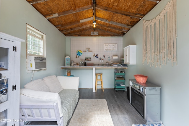 unfurnished living room with lofted ceiling with beams, wood ceiling, cooling unit, and wood finished floors