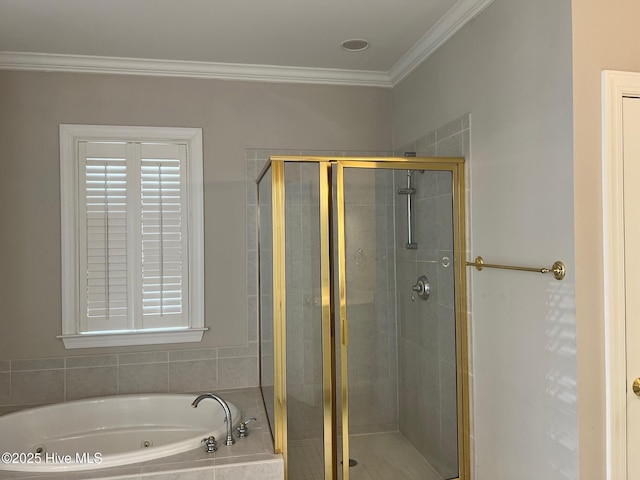 bathroom featuring a whirlpool tub, a stall shower, and ornamental molding