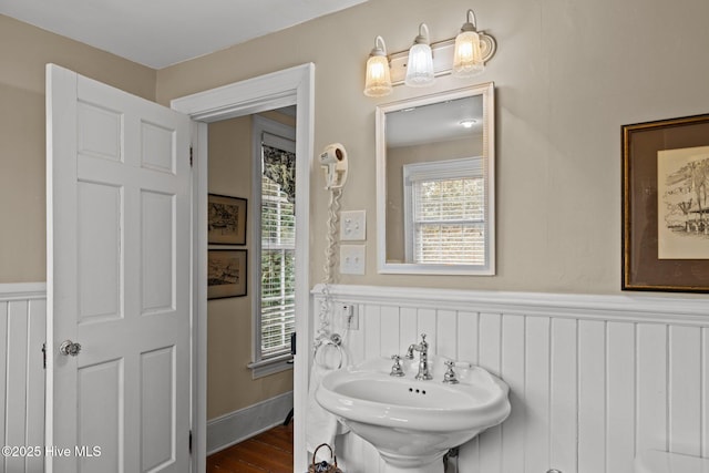 bathroom featuring a wainscoted wall, wood finished floors, and a sink