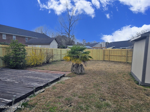 view of yard featuring a fenced backyard and a wooden deck