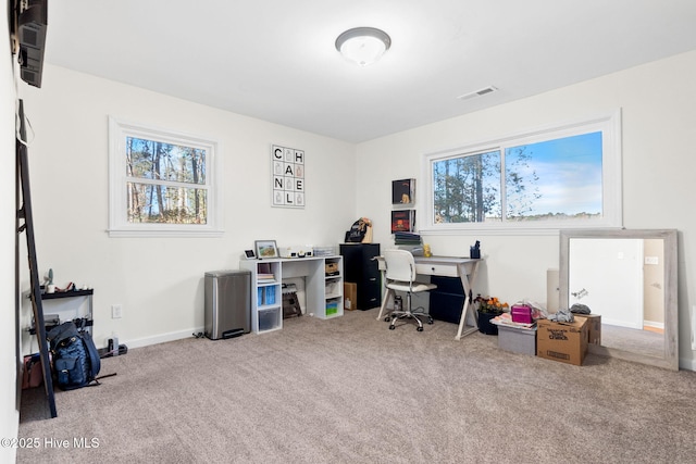 carpeted office with visible vents and baseboards