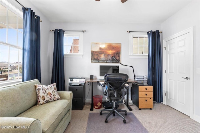 carpeted office space featuring a ceiling fan