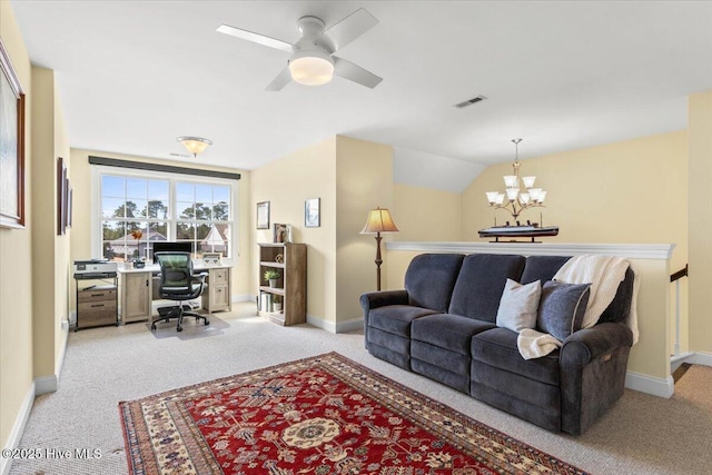 living area featuring light carpet, baseboards, visible vents, and vaulted ceiling