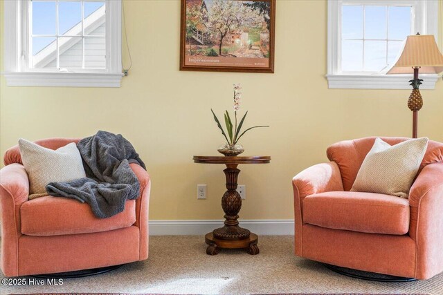 living area featuring carpet floors and baseboards