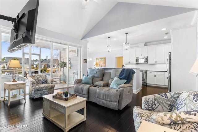 living area with dark wood-style floors, recessed lighting, and high vaulted ceiling