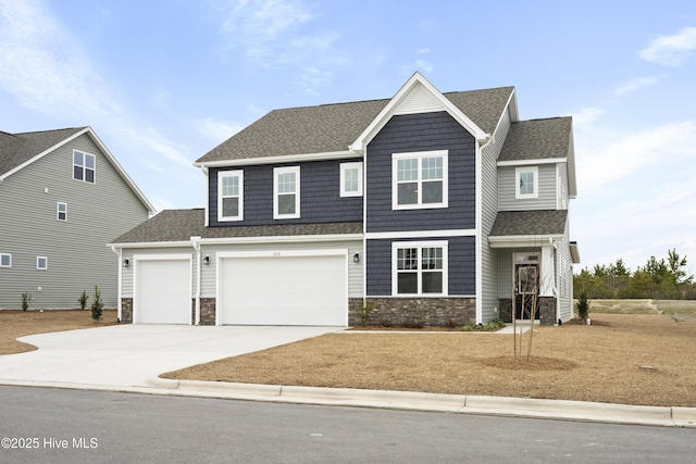 craftsman inspired home featuring an attached garage, stone siding, driveway, and a shingled roof