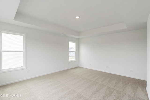 empty room featuring carpet flooring and a tray ceiling