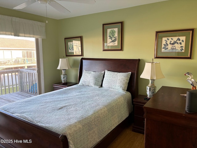 bedroom with access to exterior, ceiling fan, and wood finished floors