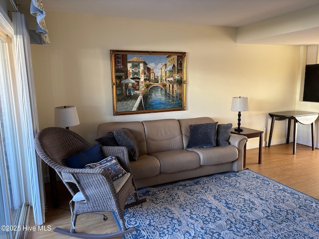 living area with baseboards and wood finished floors