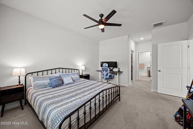 1507 Caracara Dr, New Bern, NC 28560 - bedroom with carpet flooring, baseboards, ensuite bathroom, recessed lighting, and a ceiling fan
