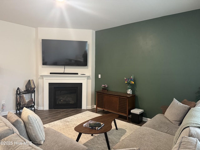 living area with a glass covered fireplace, wood finished floors, and baseboards