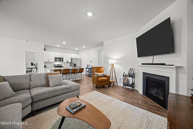 1507 Caracara Dr, New Bern, NC 28560 - living area featuring recessed lighting, wood finished floors, a glass covered fireplace, and baseboards