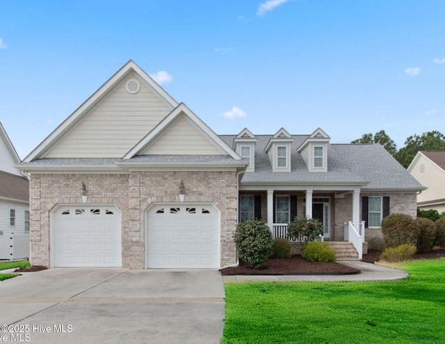 2906 Legends Dr, Southport, NC 28461 - view of front of house featuring driveway, an attached garage, a front lawn, a porch, and brick siding