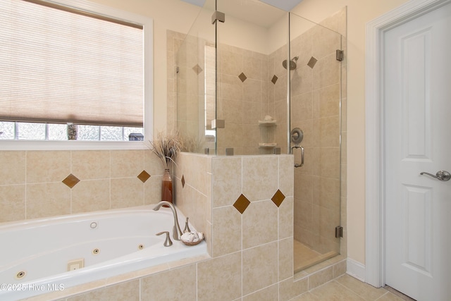 2906 Legends Dr, Southport, NC 28461 - bathroom with a shower stall, a whirlpool tub, and tile patterned flooring