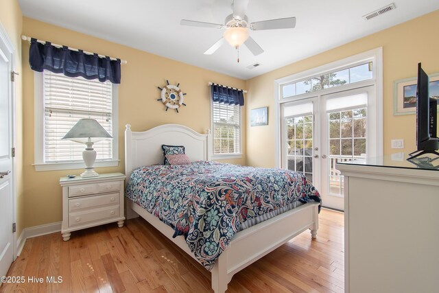 2906 Legends Dr, Southport, NC 28461 - bedroom featuring access to exterior, light wood-style floors, french doors, and ceiling fan