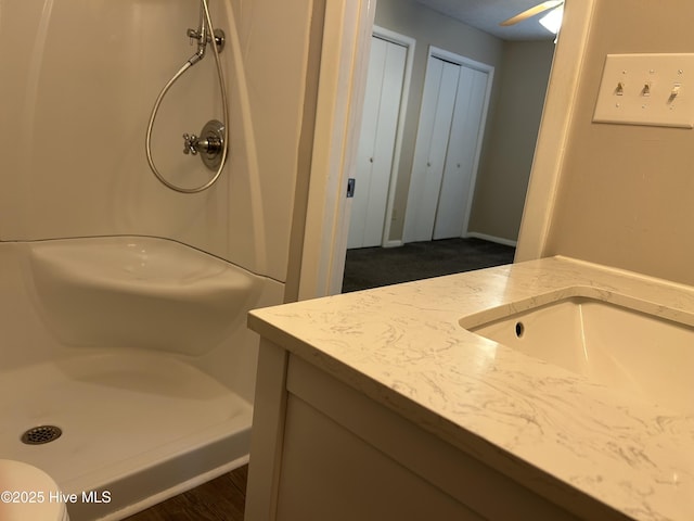 bathroom featuring walk in shower and vanity