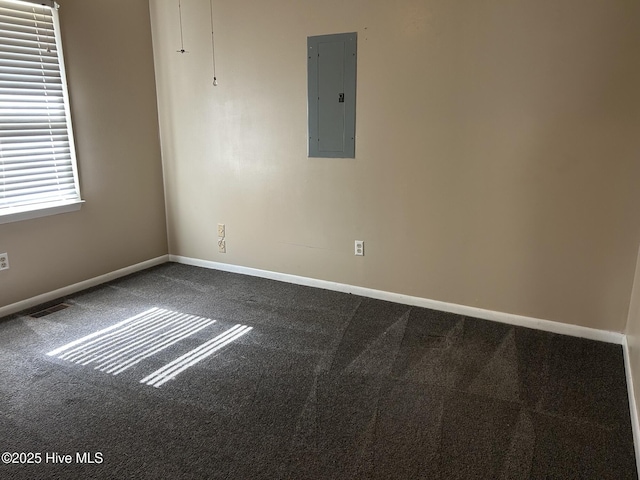 unfurnished room featuring electric panel, visible vents, baseboards, and carpet floors