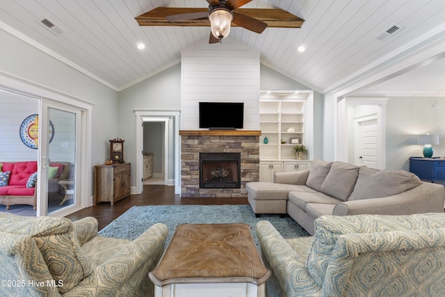 living room with visible vents, wood finished floors, a ceiling fan, and vaulted ceiling