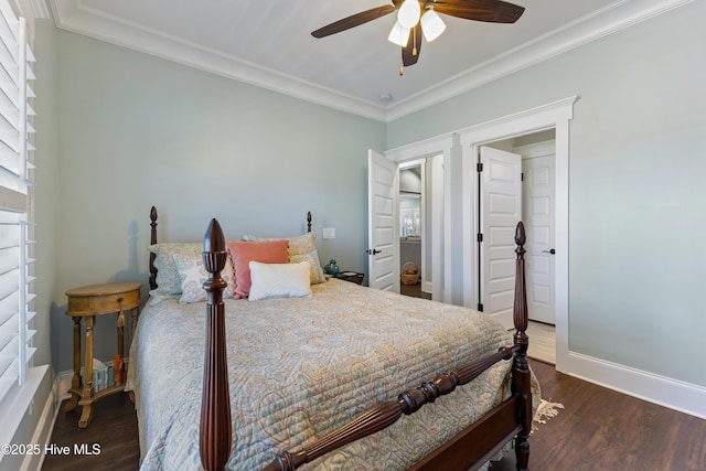 bedroom with crown molding, wood finished floors, baseboards, and ceiling fan