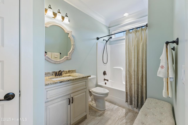 full bathroom featuring toilet, shower / bathtub combination with curtain, vanity, and ornamental molding