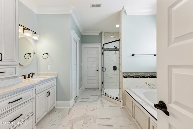 bathroom featuring baseboards, visible vents, crown molding, a bath, and marble finish floor