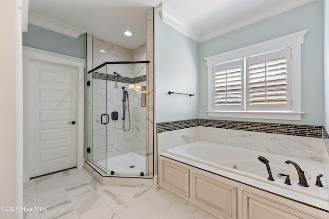 full bath with marble finish floor, ornamental molding, recessed lighting, a marble finish shower, and a tub with jets