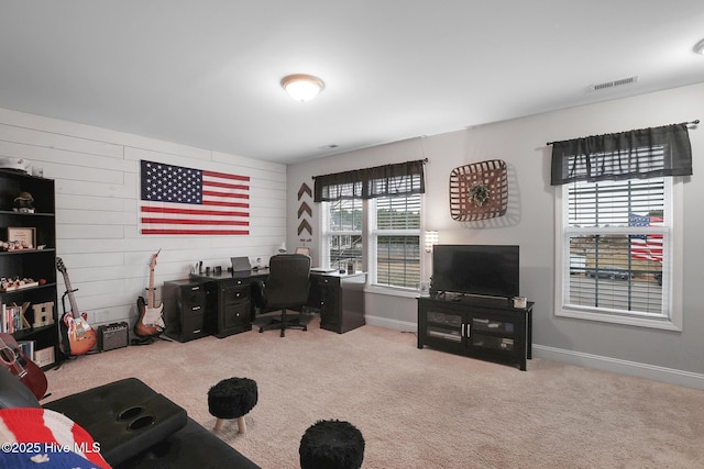 carpeted office space with visible vents and baseboards