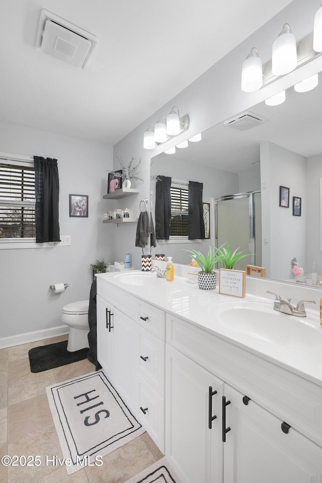 full bath with a sink, visible vents, toilet, and a stall shower