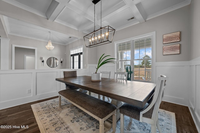 dining area featuring coffered ceiling, beam ceiling, visible vents, and dark wood finished floors