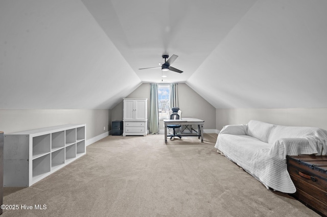 bedroom with lofted ceiling, baseboards, carpet floors, and a ceiling fan