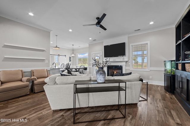 living area featuring ornamental molding, a glass covered fireplace, and dark wood finished floors