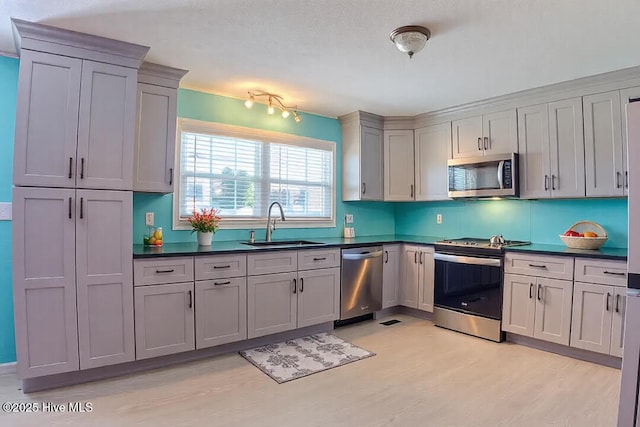 13596 Hobbton Hwy, Newton Grove, NC 28366 - kitchen featuring appliances with stainless steel finishes, a sink, dark countertops, light wood finished floors, and gray cabinets