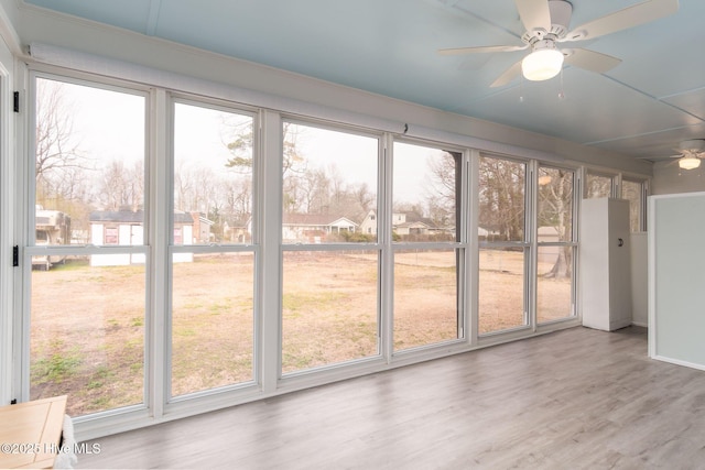 unfurnished sunroom with a residential view and ceiling fan