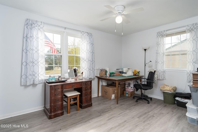 office area featuring a healthy amount of sunlight, baseboards, and wood finished floors