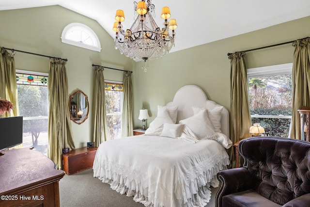 bedroom with carpet, an inviting chandelier, and vaulted ceiling