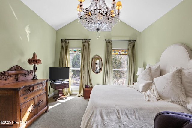 bedroom featuring carpet flooring and vaulted ceiling