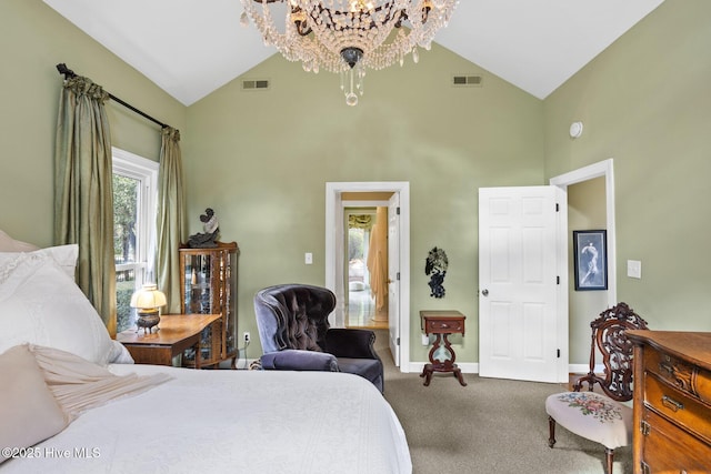 carpeted bedroom with visible vents, baseboards, high vaulted ceiling, and a chandelier