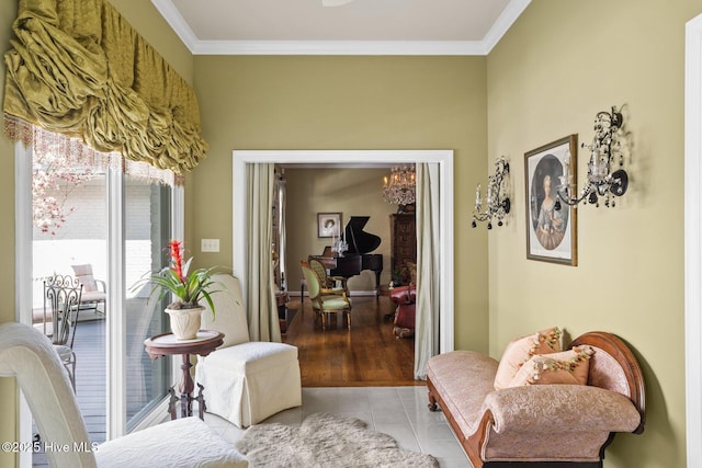 living area with light tile patterned floors and ornamental molding